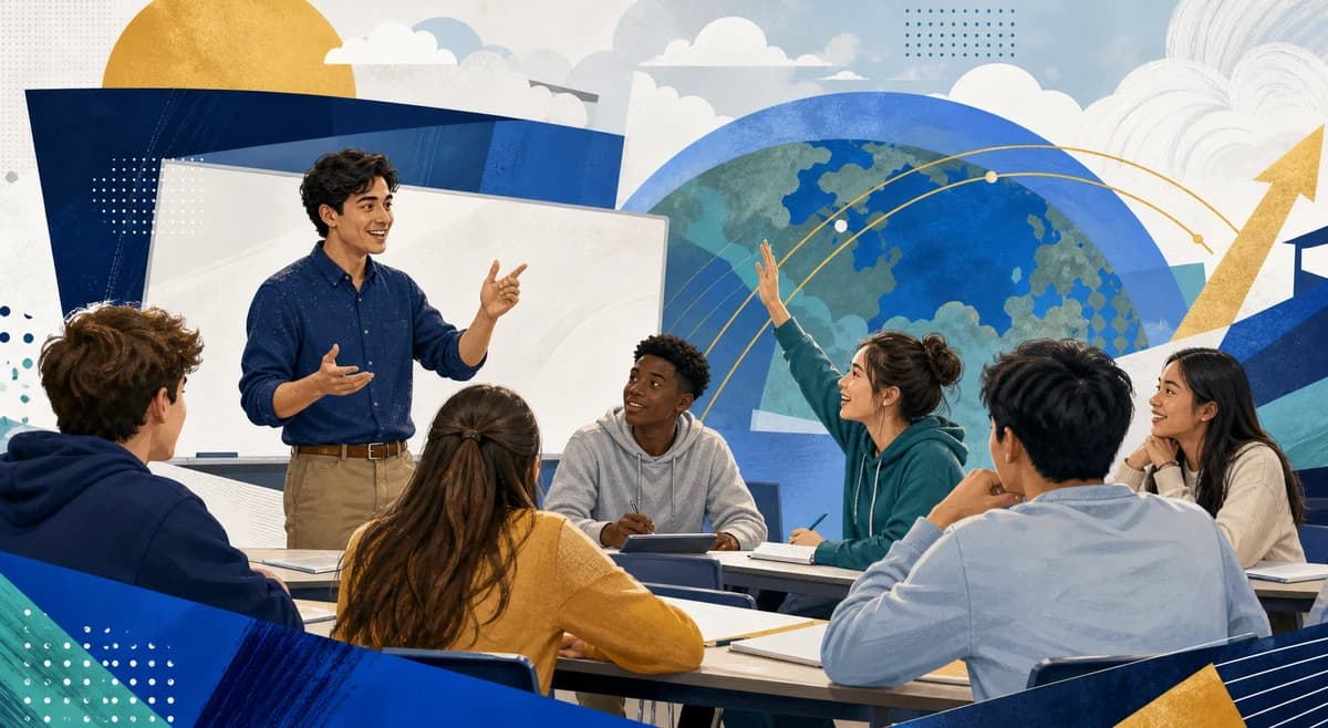 Conceptual editorial illustration of an expert presenter engaging high-school students during a live classroom session.