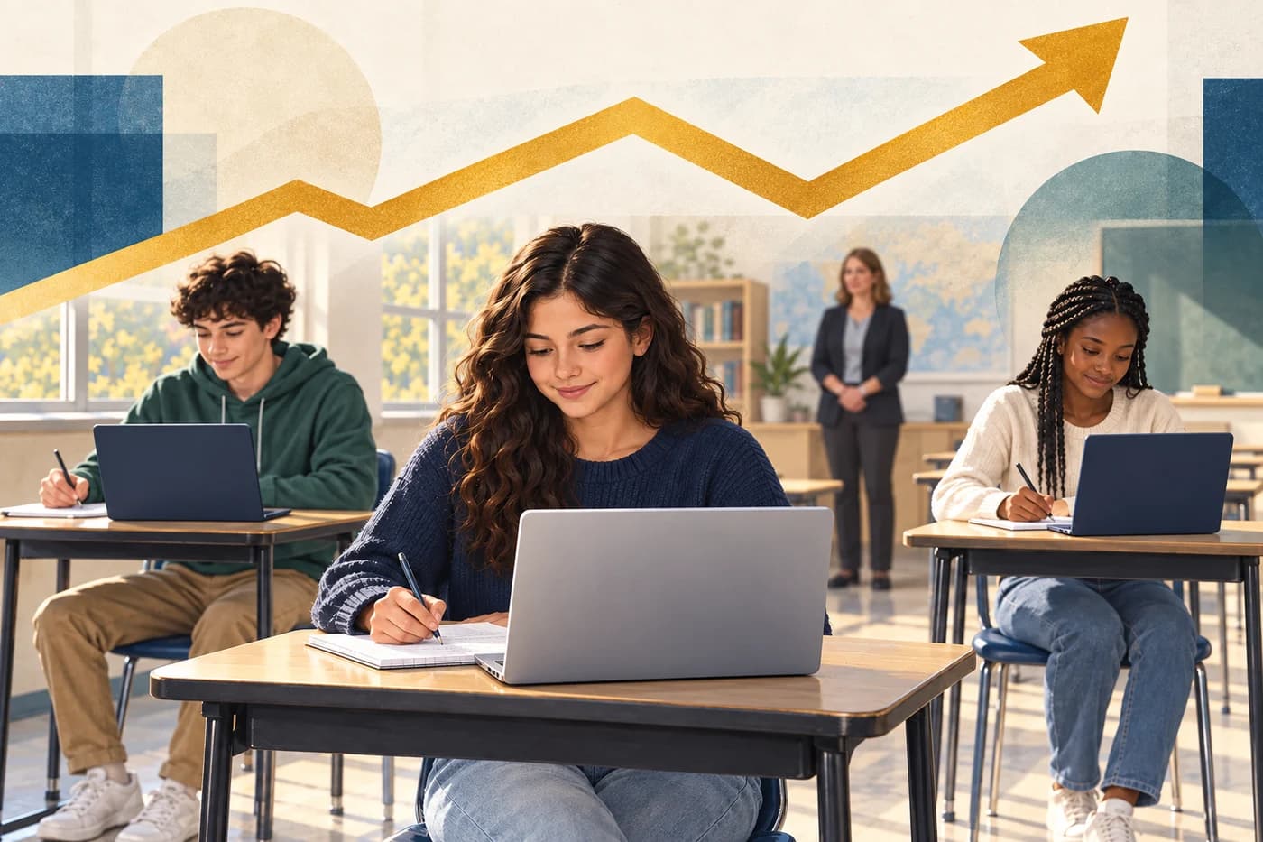 Illustration of students taking a supervised digital practice test beneath an upward-trending gold arrow